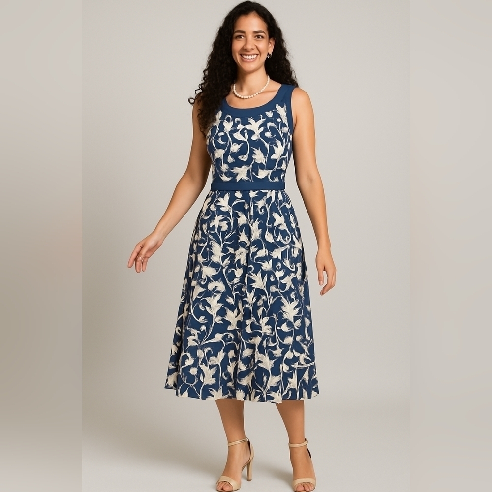 Summer Wedding Guest Dress Knit Denim Midi Embroidered Floral Lace Soft Stretch